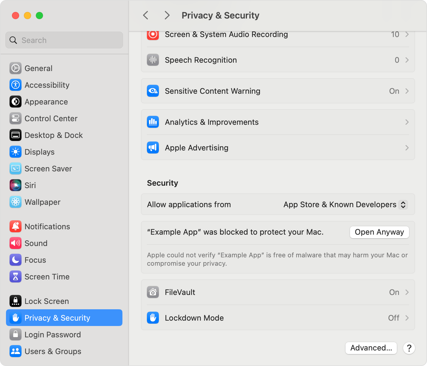 macOS System Settings showing the Open Anyway button