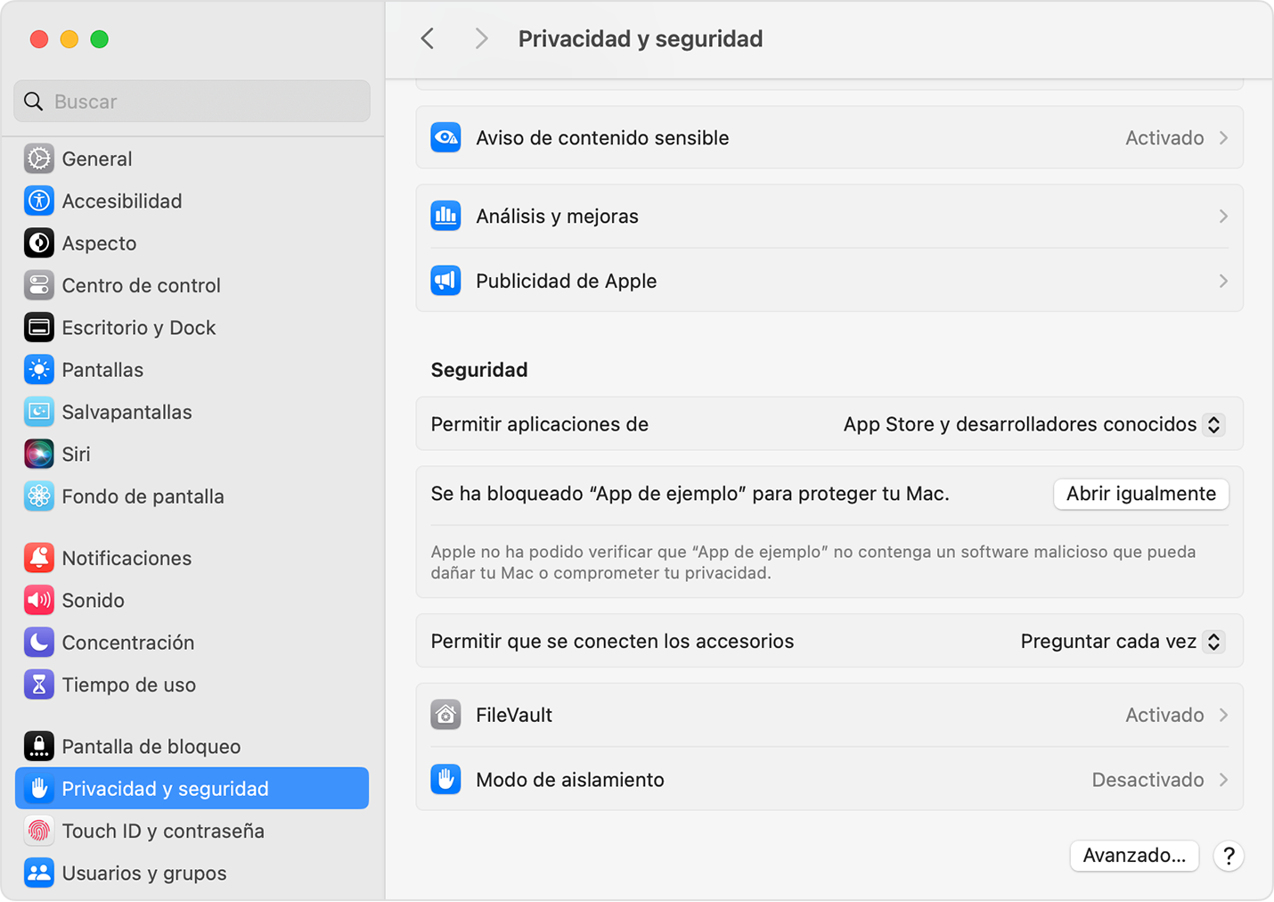 Ajustes del Sistema de macOS con el botón Abrir igualmente